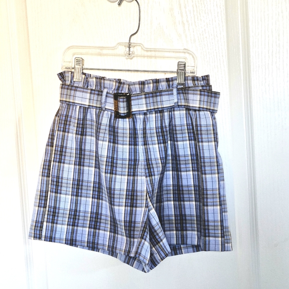 Women's Blue Plaid Paper Bag Shorts High Waisted Belt Pockets size Small - Picture 1 of 8